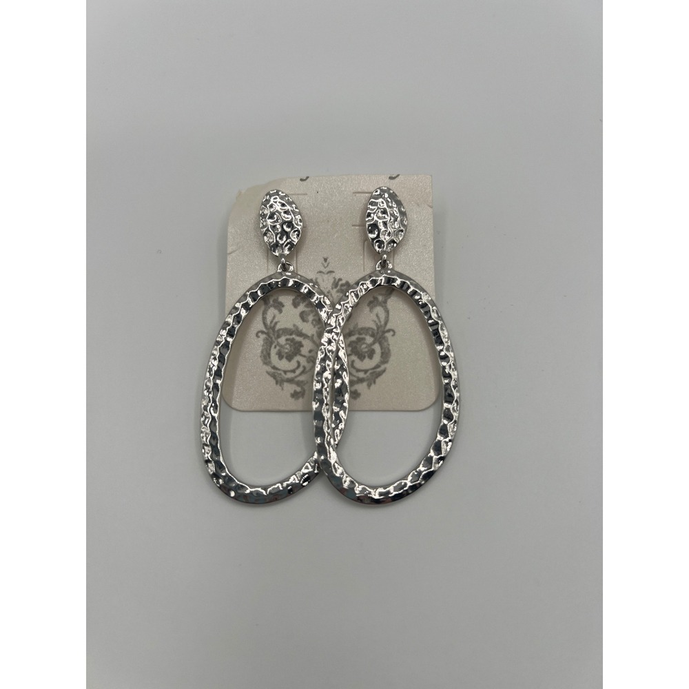 Silver Hammered Oval Drop Earrings Statement Textured Open Hoop Dangles